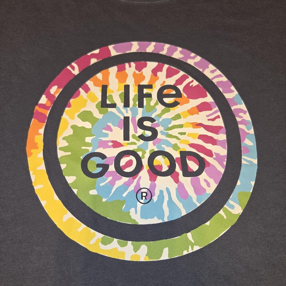 Life Is Good Shirt Womens XL Blue Crusher Tee Rainbow Tie Dye Circle Logo Boxy